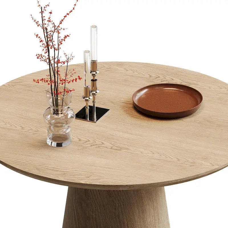 Round Dining Table for 4-6, Natural Wood Grain Dining Table with Cone Wood Pedestal Base, Rustic Minimalist Dining Table