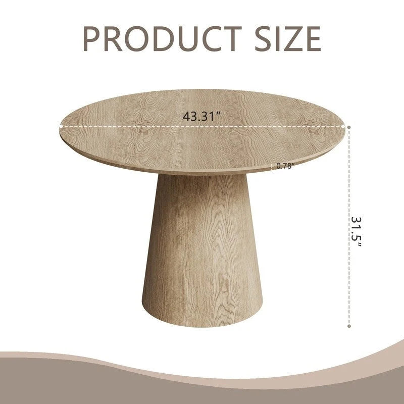 Round Dining Table for 4-6, Natural Wood Grain Dining Table with Cone Wood Pedestal Base, Rustic Minimalist Dining Table