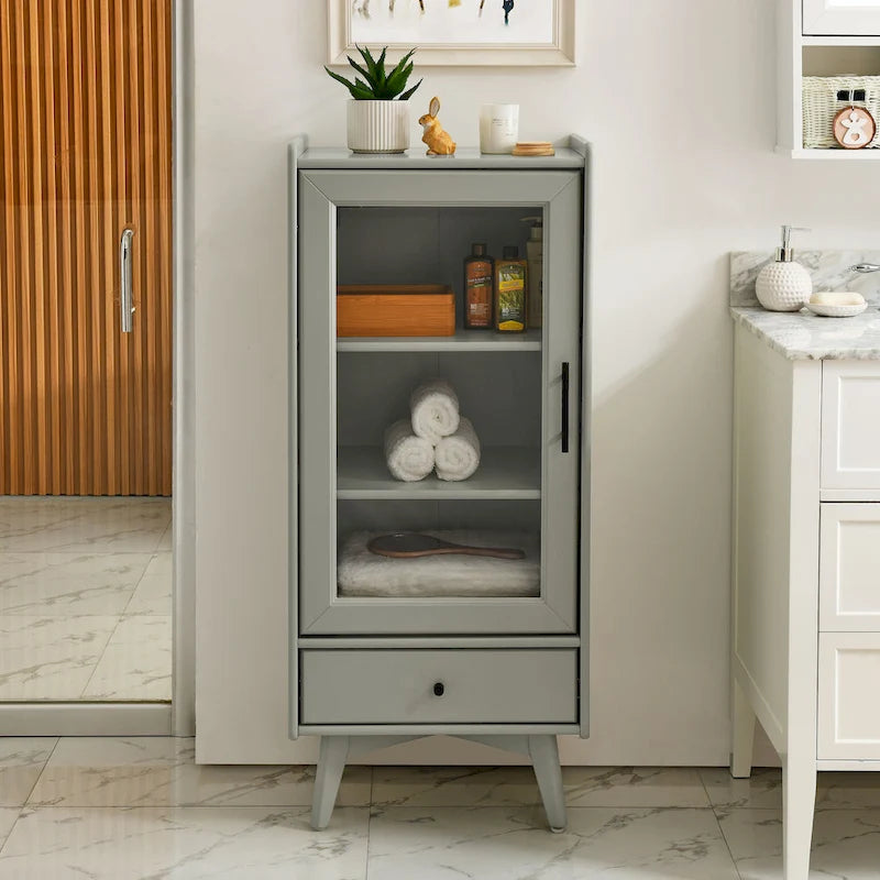Modern Bathroom Storage Cabinet with Glass Door & Double Adjustable Shelves and Drawer