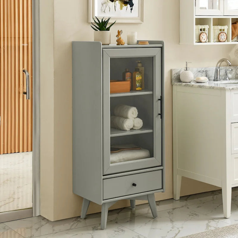 Modern Bathroom Storage Cabinet with Glass Door & Double Adjustable Shelves and Drawer