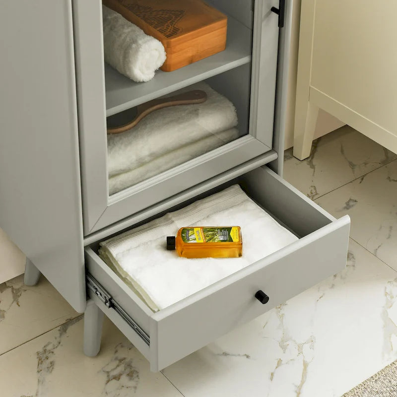 Modern Bathroom Storage Cabinet with Glass Door & Double Adjustable Shelves and Drawer
