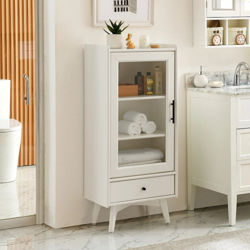 Modern Bathroom Storage Cabinet with Glass Door & Double Adjustable Shelves and Drawer