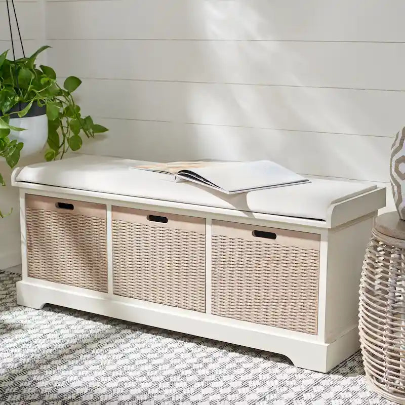 SAFAVIEH Fiorello 3-Drawer with Cushion Storage Bench - 47.3 W x 15 L x 19 H - 47Wx15Dx19H