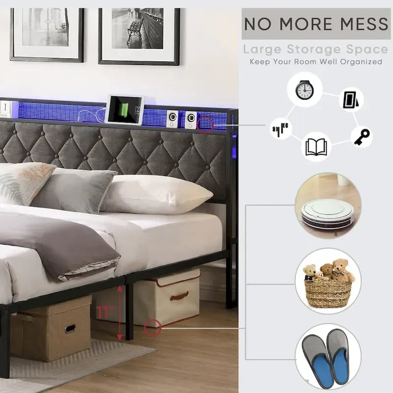 King Upholstered Bed Frame with Storage Headboard, Charging Station and LED Lights