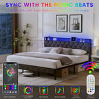 King Upholstered Bed Frame with Storage Headboard, Charging Station and LED Lights
