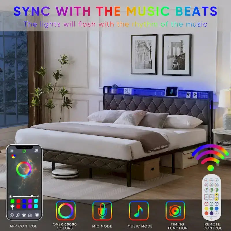 King Upholstered Bed Frame with Storage Headboard, Charging Station and LED Lights