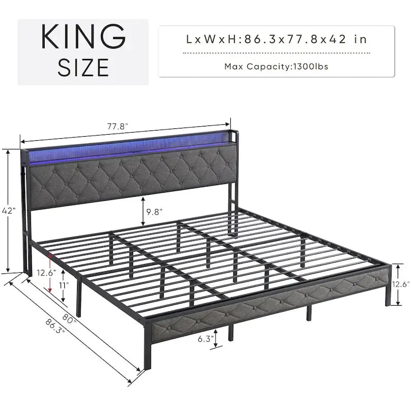 King Upholstered Bed Frame with Storage Headboard, Charging Station and LED Lights