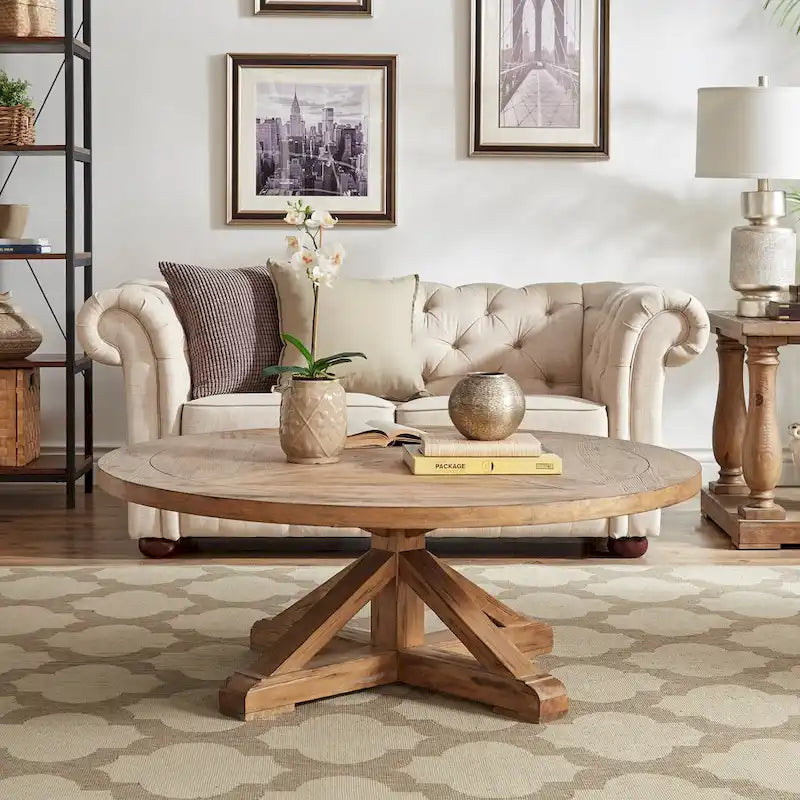 Krakova Rustic X-Base Round Pine Veneer Wood Coffee Table