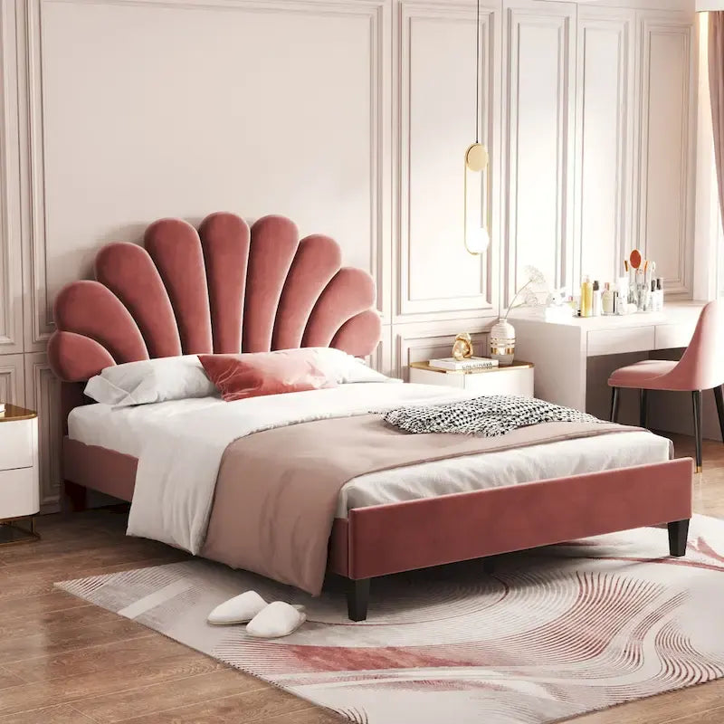 Tufted Shell-shape Velvet Upholstered Platform Bed