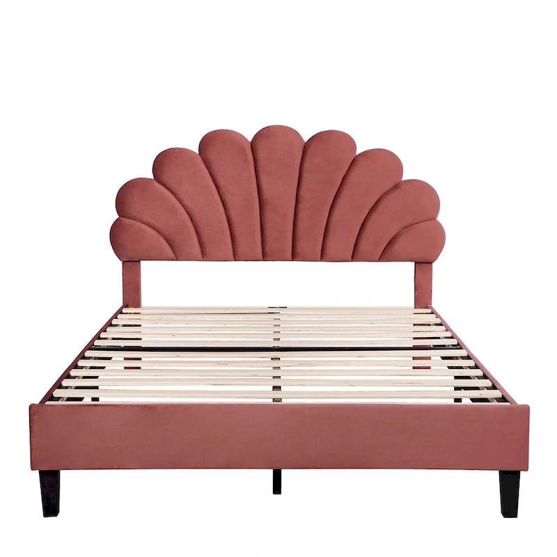 Tufted Shell-shape Velvet Upholstered Platform Bed