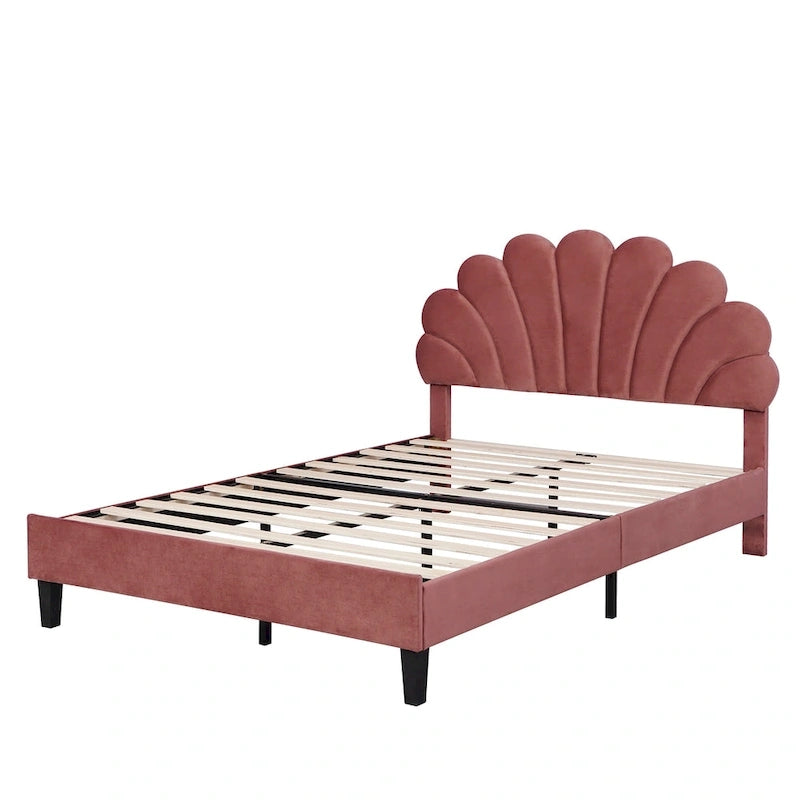 Tufted Shell-shape Velvet Upholstered Platform Bed