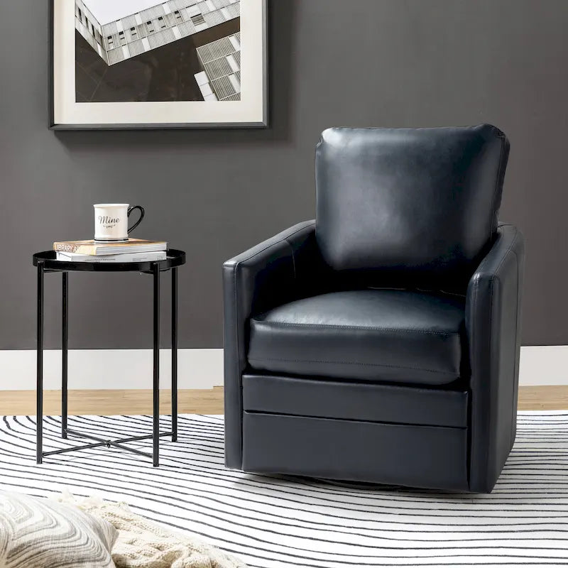 Terrance Transitional Swivel Faux Leather Barrel Accent Chair with Metal Base