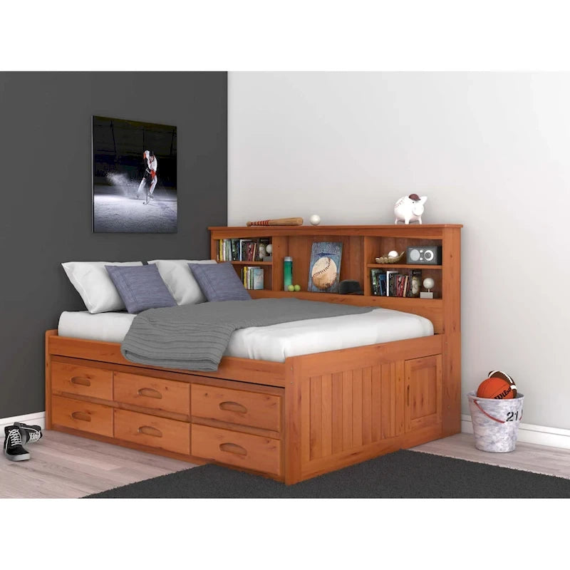 OS Home and Office Furniture Solid Pine Full Daybed with Six Drawers in Warm Honey