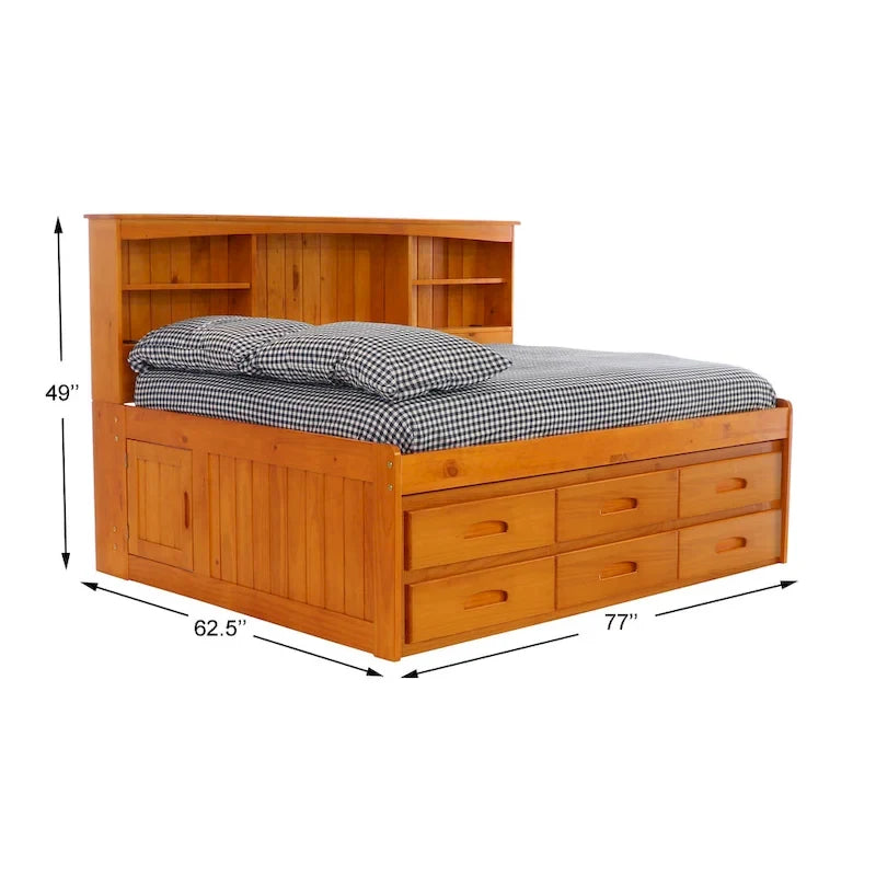 OS Home and Office Furniture Solid Pine Full Daybed with Six Drawers in Warm Honey