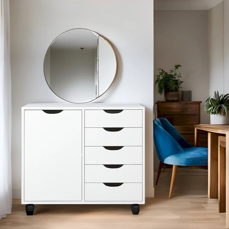 5-Drawer Wood Storage Dresser Cabinet with Wheels - Craft Organizer and Makeup Drawer Unit for Closet and Bedroom