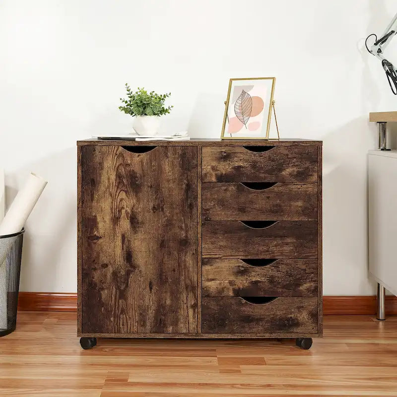 5-Drawer Wood Storage Dresser Cabinet with Wheels - Craft Organizer and Makeup Drawer Unit for Closet and Bedroom