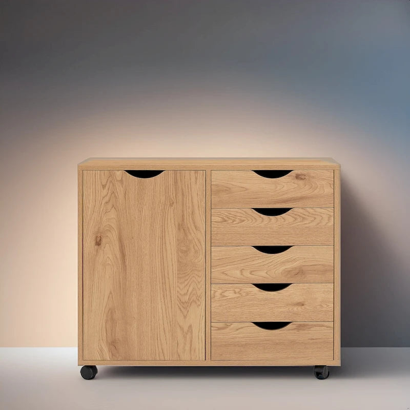 5-Drawer Wood Storage Dresser Cabinet with Wheels - Craft Organizer and Makeup Drawer Unit for Closet and Bedroom