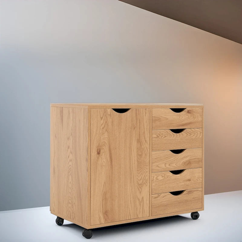 5-Drawer Wood Storage Dresser Cabinet with Wheels - Craft Organizer and Makeup Drawer Unit for Closet and Bedroom