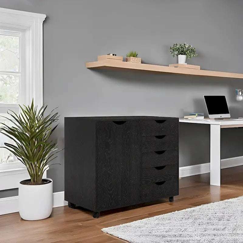 5-Drawer Wood Storage Dresser Cabinet with Wheels - Craft Organizer and Makeup Drawer Unit for Closet and Bedroom