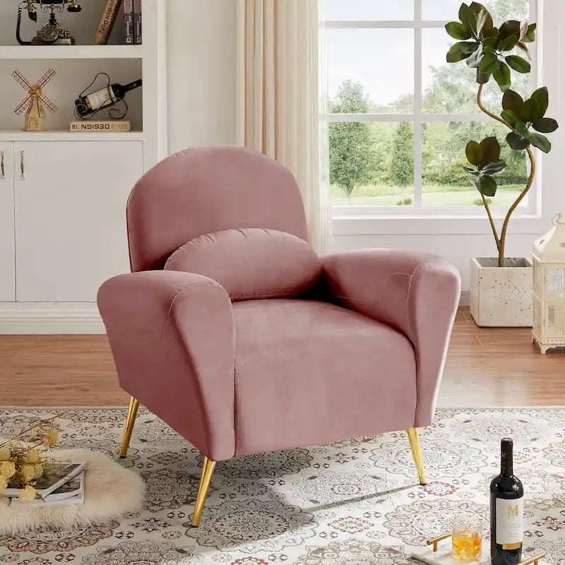 Velvet Modern Accent Chair Comfy Upholstered Armchair with Pillow and Golden Metal Lges for Living Room