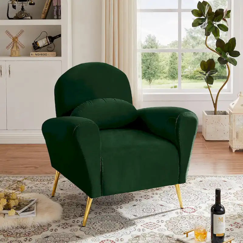Velvet Modern Accent Chair Comfy Upholstered Armchair with Pillow and Golden Metal Lges for Living Room