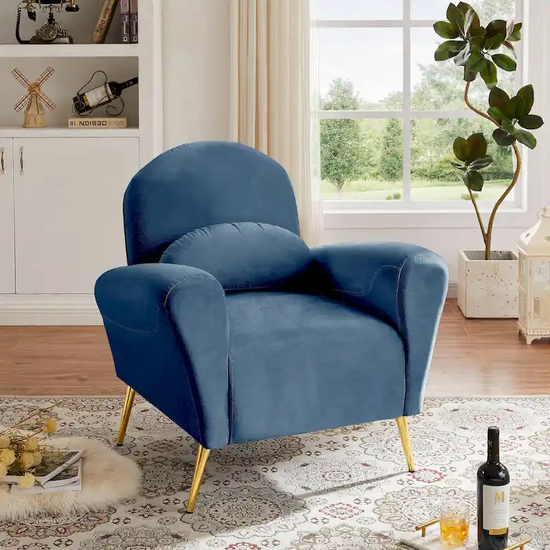 Velvet Modern Accent Chair Comfy Upholstered Armchair with Pillow and Golden Metal Lges for Living Room