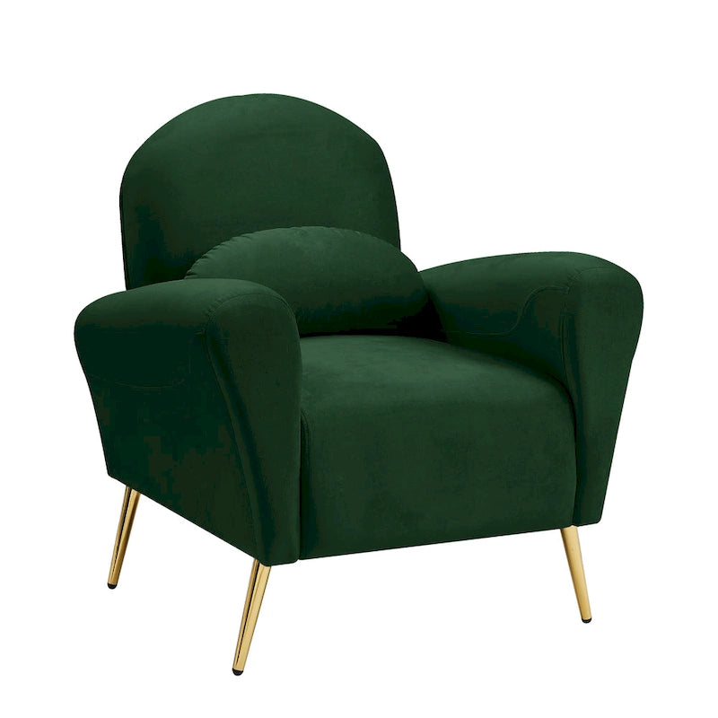 Velvet Modern Accent Chair Comfy Upholstered Armchair with Pillow and Golden Metal Lges for Living Room