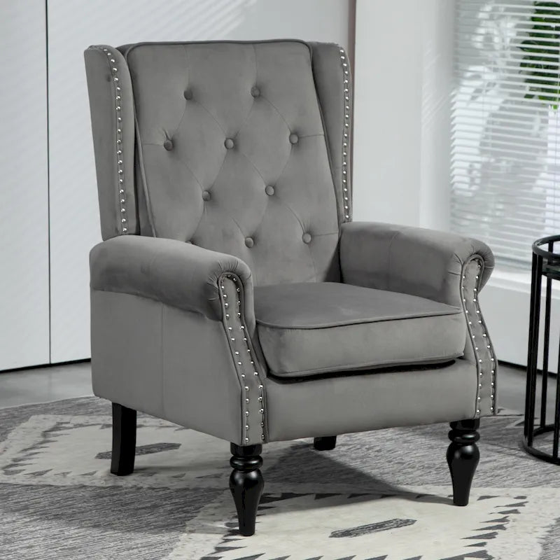Mid-Century Velvet/Leather Upholstered Tufted Wood Frame Armchair