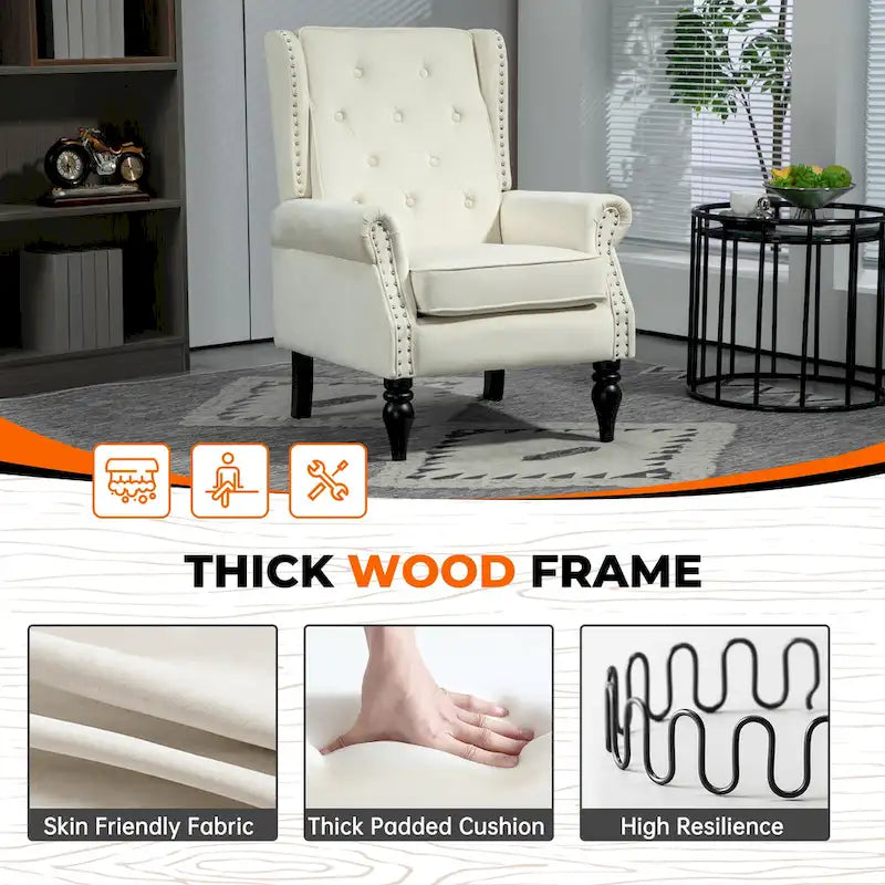 Mid-Century Velvet/Leather Upholstered Tufted Wood Frame Armchair
