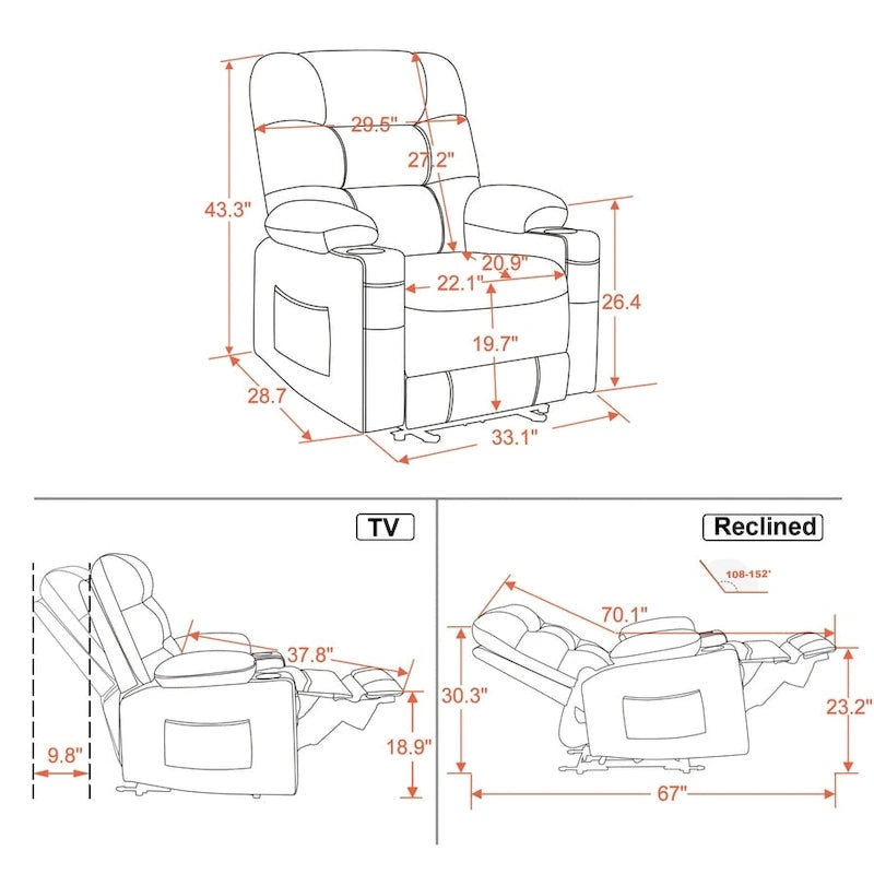 MCombo Electric Power Recliner Chair with Heat and Massage, Leather PR621