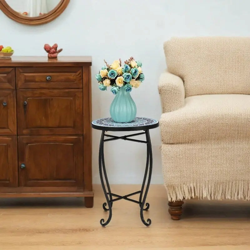 Mosaic Round Terrace Bistro Table Side Table With Coloured Glass