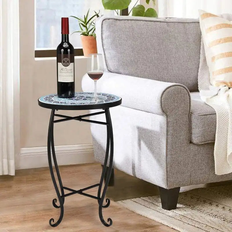 Mosaic Round Terrace Bistro Table Side Table With Coloured Glass