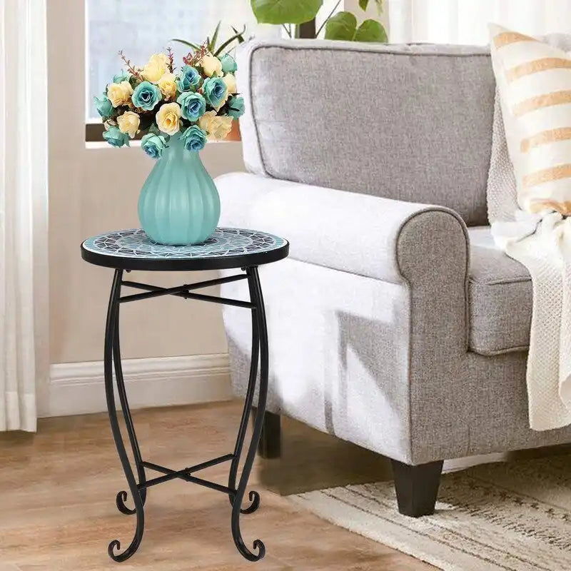 Mosaic Round Terrace Bistro Table Side Table With Coloured Glass
