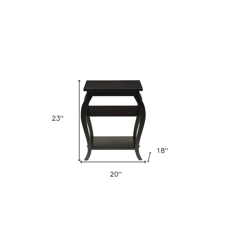 HomeRoots 23 Black Wood Bow Leg End Table With Two Shelves - 20 W x 18 D x 23 H