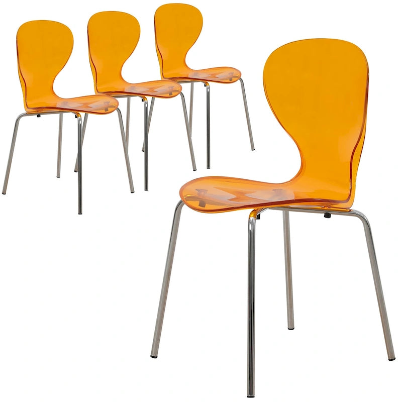 Stackable Plastic Dining Chair with Chrome Legs Set of 4 Transparent Accent Side Chair for Indoor and Outdoor
