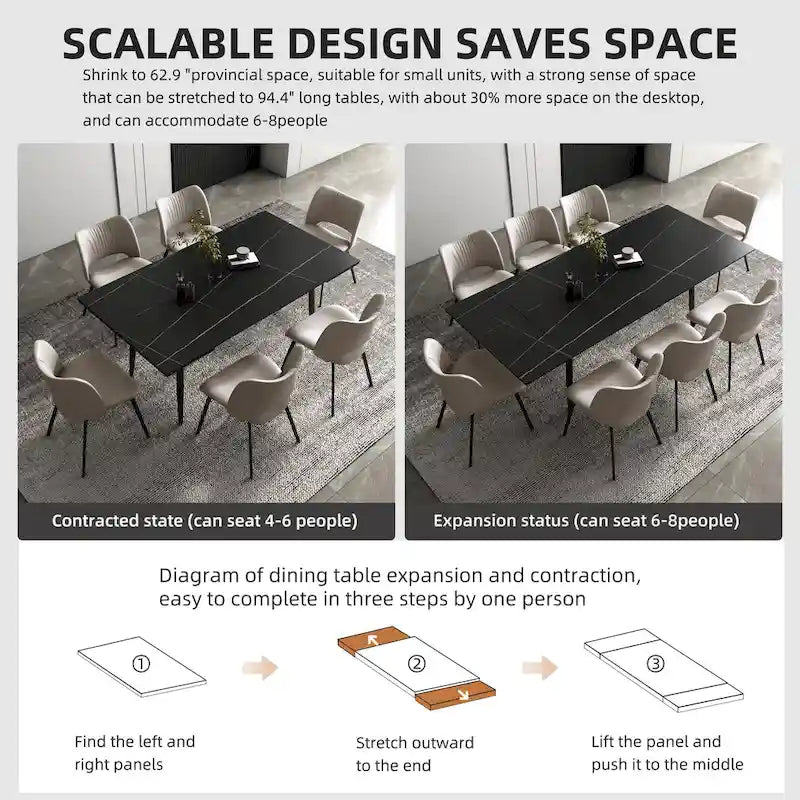 9 Piece 62.9 inch to 94.4 inch Extendable Dining Table Set with Sintered Stone Top 8 Chairs