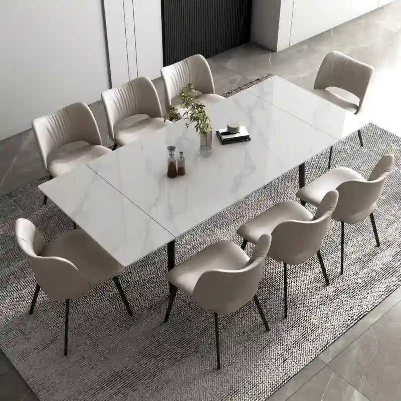9 Piece 62.9 inch to 94.4 inch Extendable Dining Table Set with Sintered Stone Top 8 Chairs