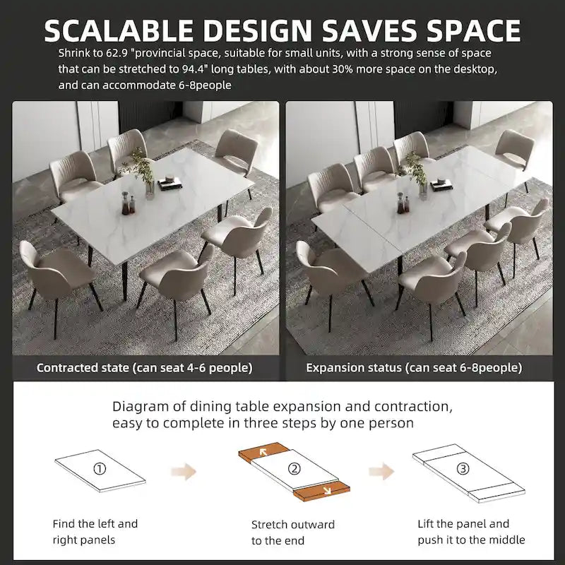9 Piece 62.9 inch to 94.4 inch Extendable Dining Table Set with Sintered Stone Top 8 Chairs