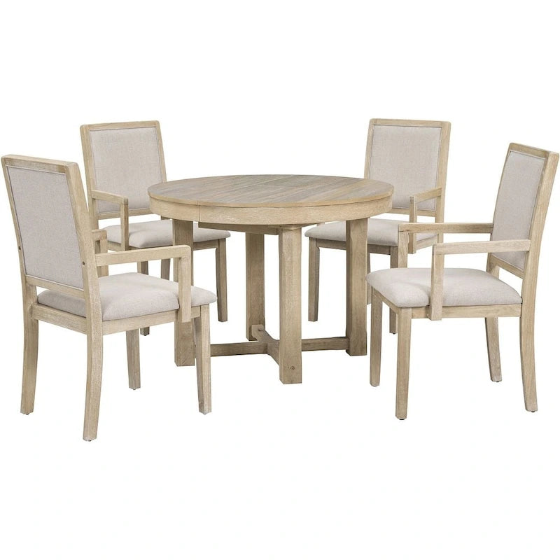 Wooden Round Drop Leaf Extendable Dining Table Set with 4 Upholstered Chairs