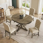 Wooden Round Drop Leaf Extendable Dining Table Set with 4 Upholstered Chairs
