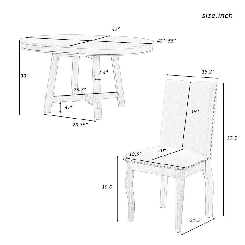 Wooden Round Drop Leaf Extendable Dining Table Set with 4 Upholstered Chairs