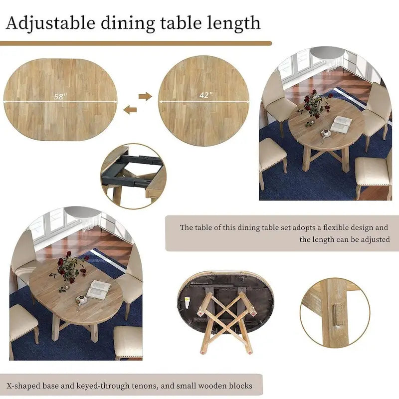 Wooden Round Drop Leaf Extendable Dining Table Set with 4 Upholstered Chairs