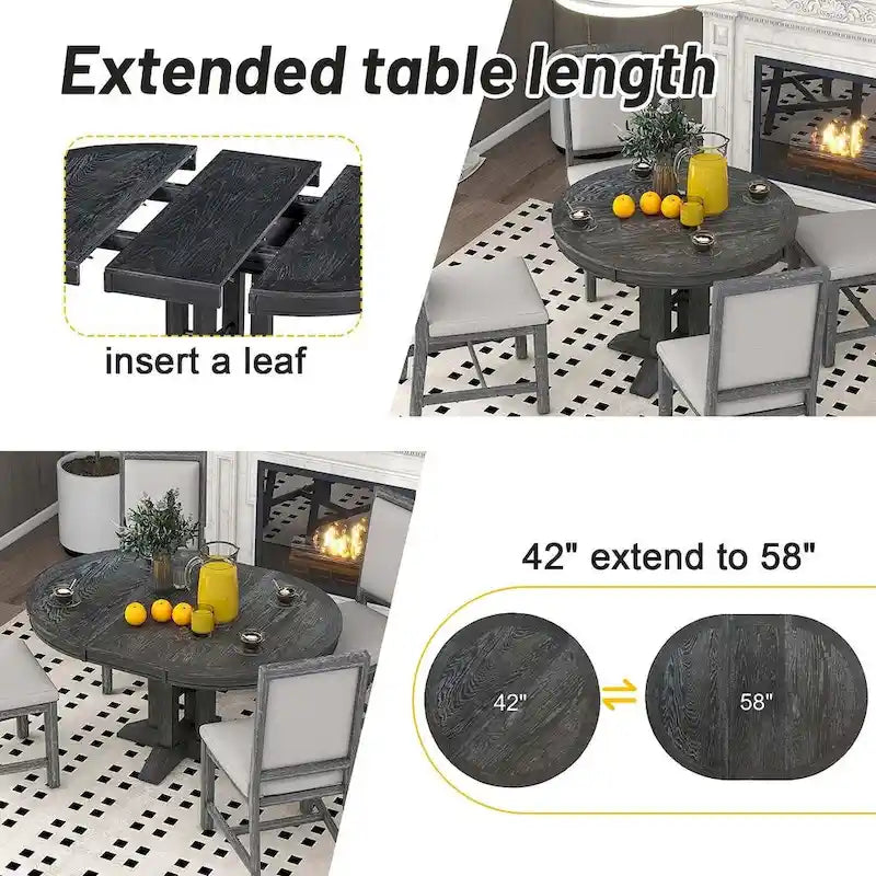 Wooden Round Drop Leaf Extendable Dining Table Set with 4 Upholstered Chairs