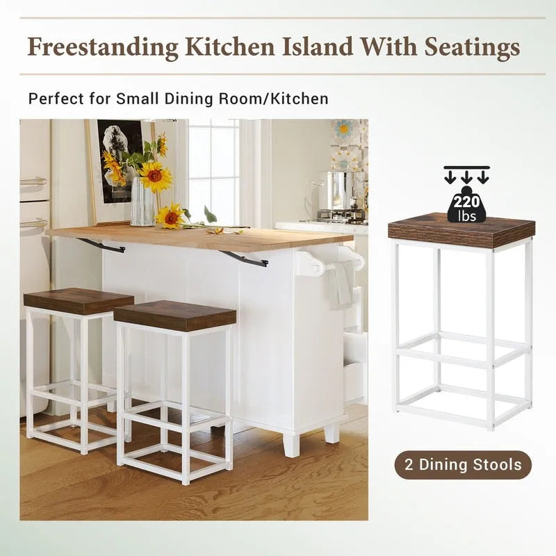 3-Piece Kitchen Island Set with Drop Leaf and 2 Seatings, Dining Table Set with Storage Cabinet, Drawers and Towel Rack