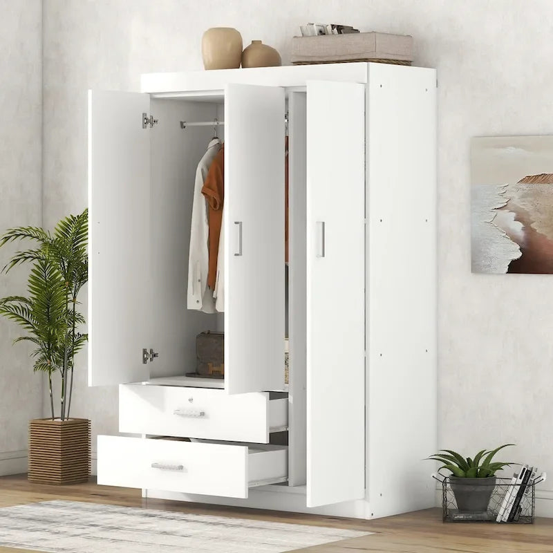 3-Door Wardrobe with 2 Drawers, Wood Grain Effect