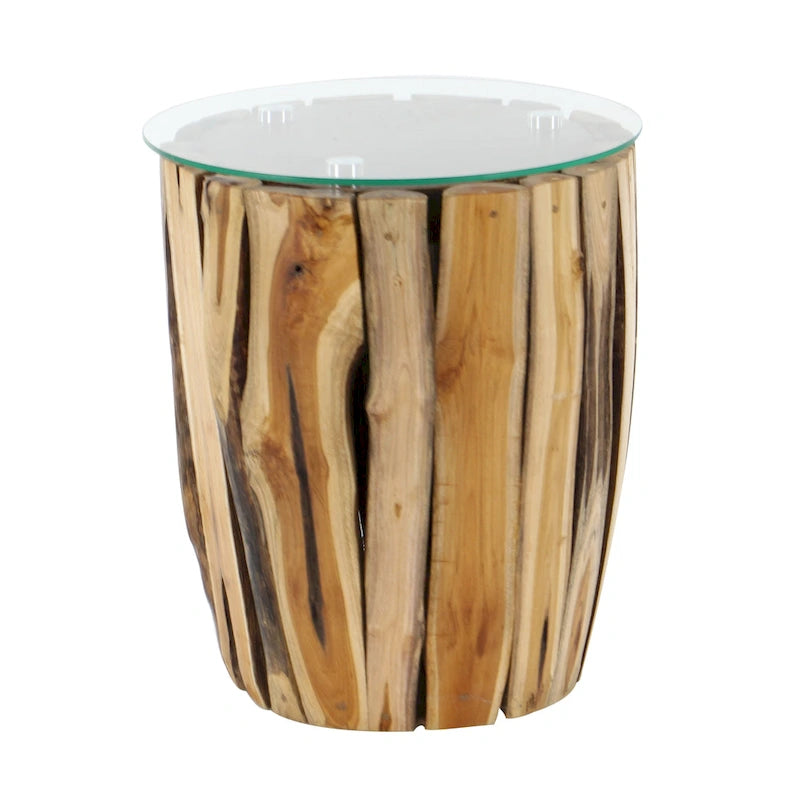 Teak Wood Handmade Accent Table with Clear Glass Top - Brown - Roche River Decor - 16Wx16Lx18H