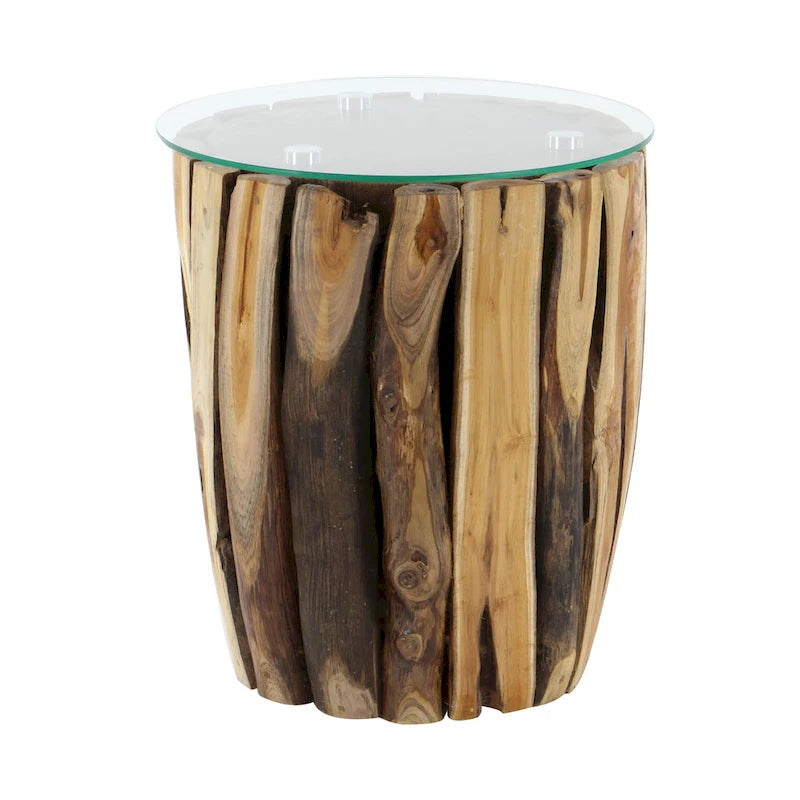 Teak Wood Handmade Accent Table with Clear Glass Top - Brown - Roche River Decor - 16Wx16Lx18H