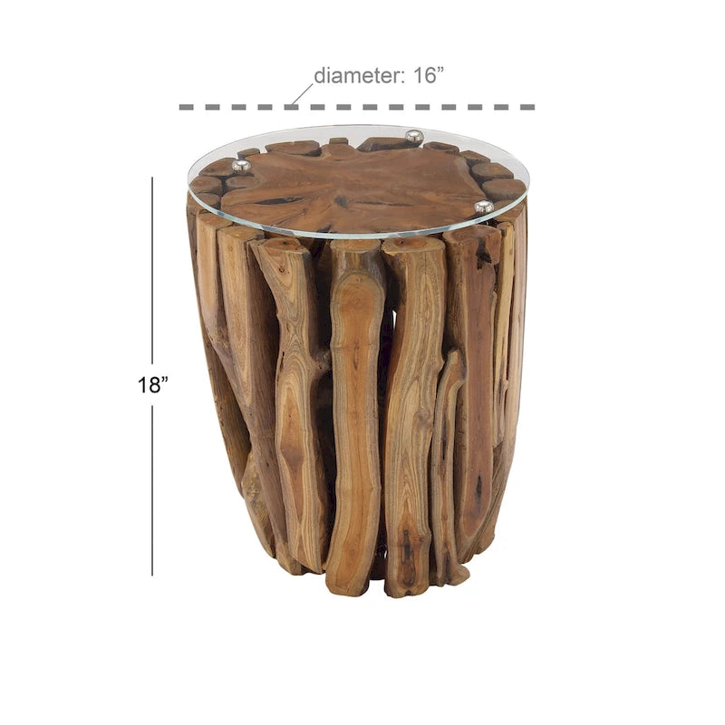 Teak Wood Handmade Accent Table with Clear Glass Top - Brown - Roche River Decor - 16Wx16Lx18H