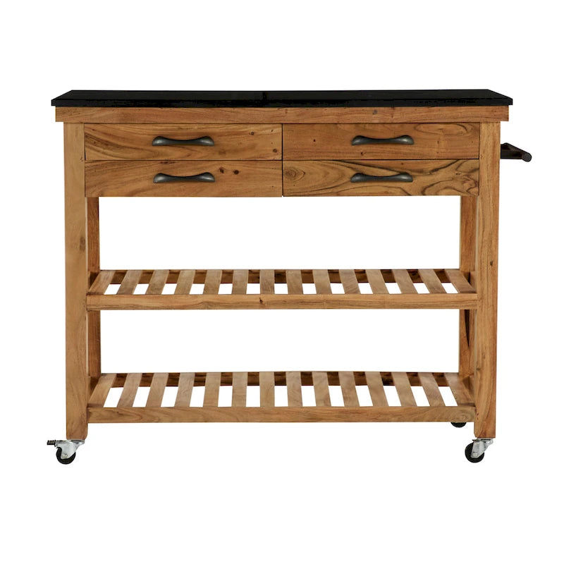 Wood Rolling 4 Drawer and 2 Shelf Kitchen Cart with Black Metal Handles and Marble Top - Brown - Roche River Decor