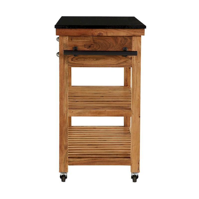 Wood Rolling 4 Drawer and 2 Shelf Kitchen Cart with Black Metal Handles and Marble Top - Brown - Roche River Decor